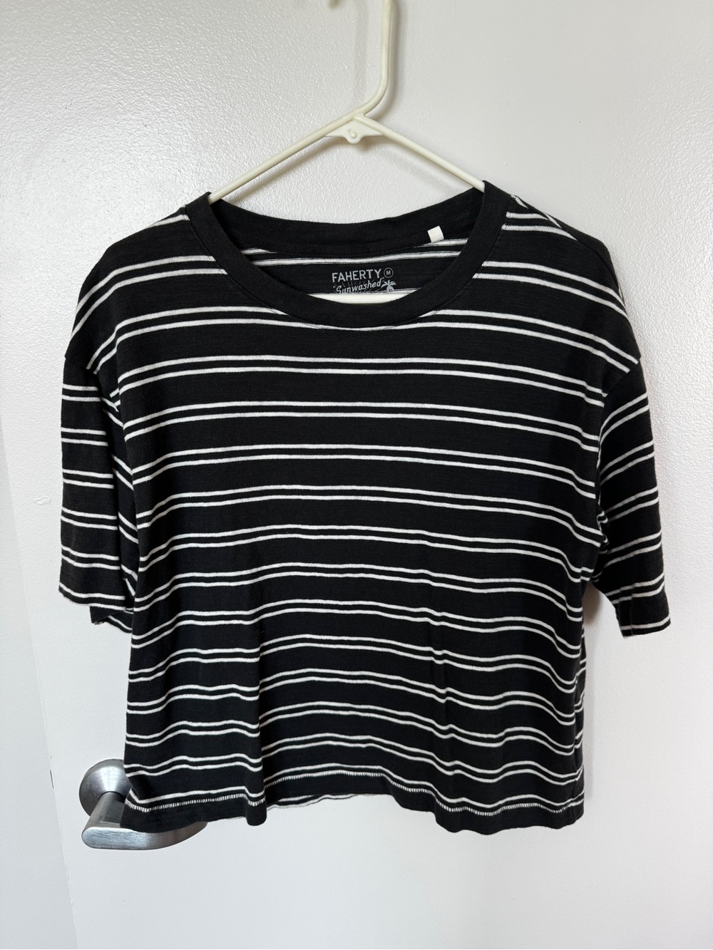 Faherty Black and White Striped Short Sleeve Top